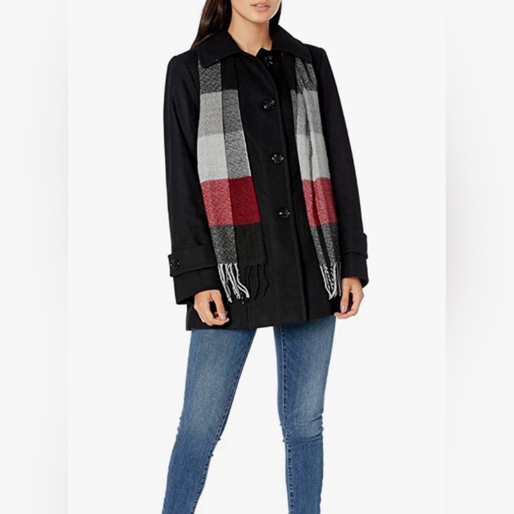 NEW LONDON FOG double breasted peacoat with scarf in black